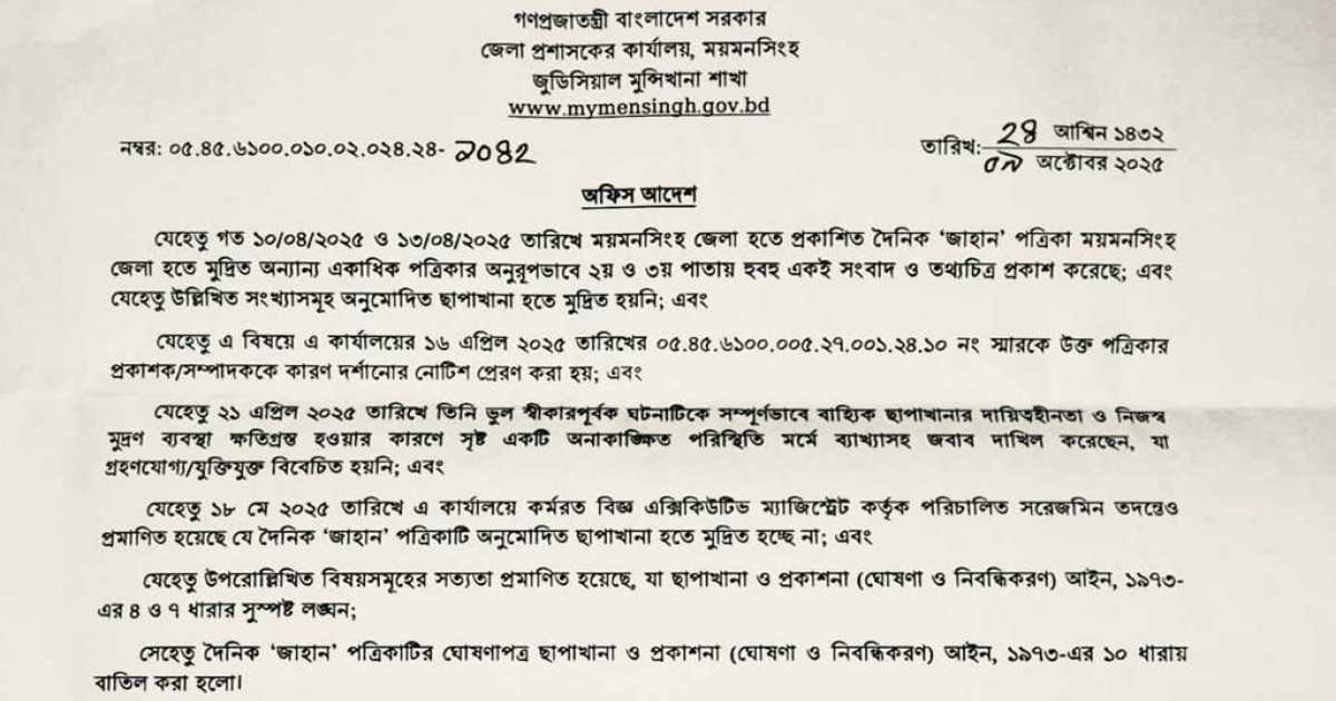 ময়মনসিংহের ১১ পত্রিকার ডিক্লেয়ারেশন বাতিল